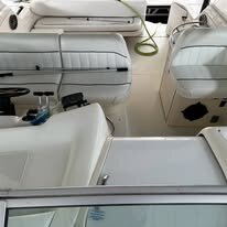 Boat interior with cleaned white vinyl seating